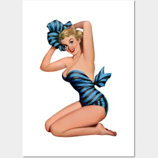 Blue and black striped pin-up girl Posters and Art